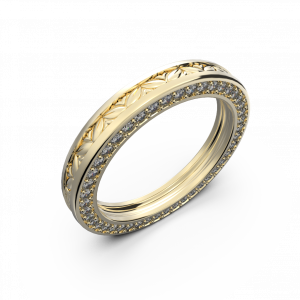 Желтое широкое золотое обручальное кольцо с бриллиантами