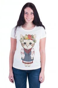 Белая хлопковая футболка "Этно кошка" женская