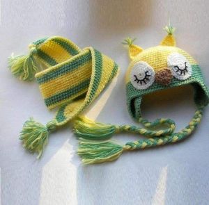 Зимний комплект для детей. Вязаная шапка и шарф "Зеленая Сова"